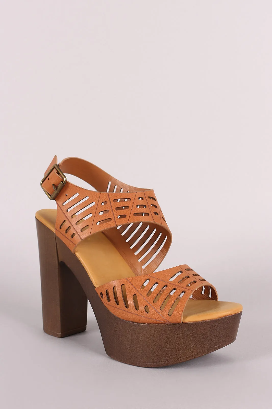 Bamboo Leather Cutout Ankle Strap Platform Chunky Heel