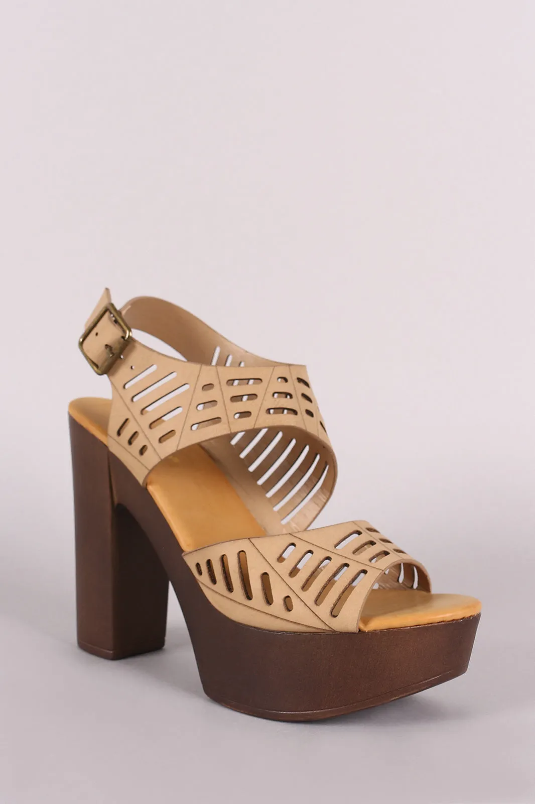 Bamboo Leather Cutout Ankle Strap Platform Chunky Heel