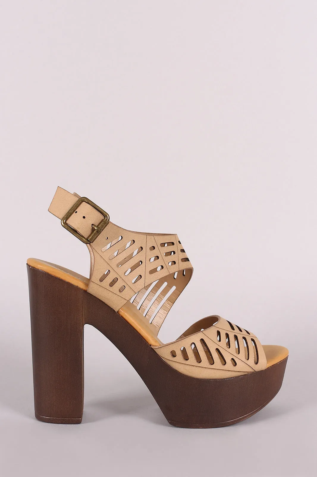Bamboo Leather Cutout Ankle Strap Platform Chunky Heel