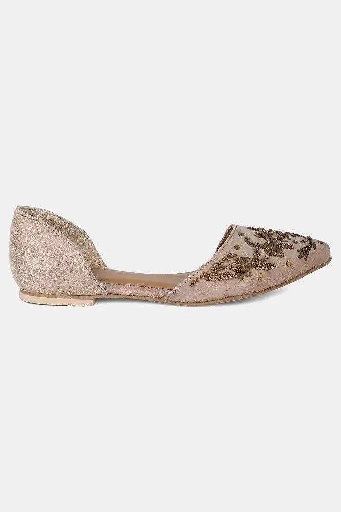 Beige Pointed Toe Embroidered Flat