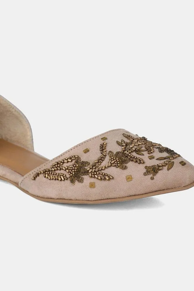 Beige Pointed Toe Embroidered Flat