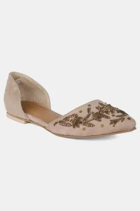 Beige Pointed Toe Embroidered Flat