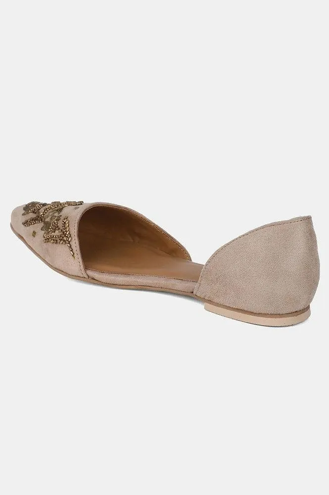 Beige Pointed Toe Embroidered Flat