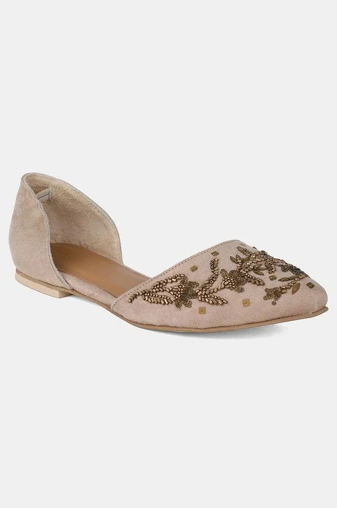 Beige Pointed Toe Embroidered Flat