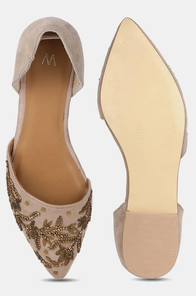 Beige Pointed Toe Embroidered Flat