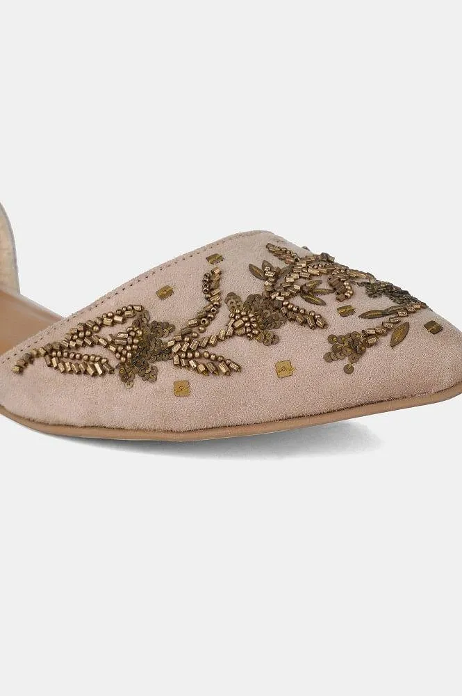 Beige Pointed Toe Embroidered Flat