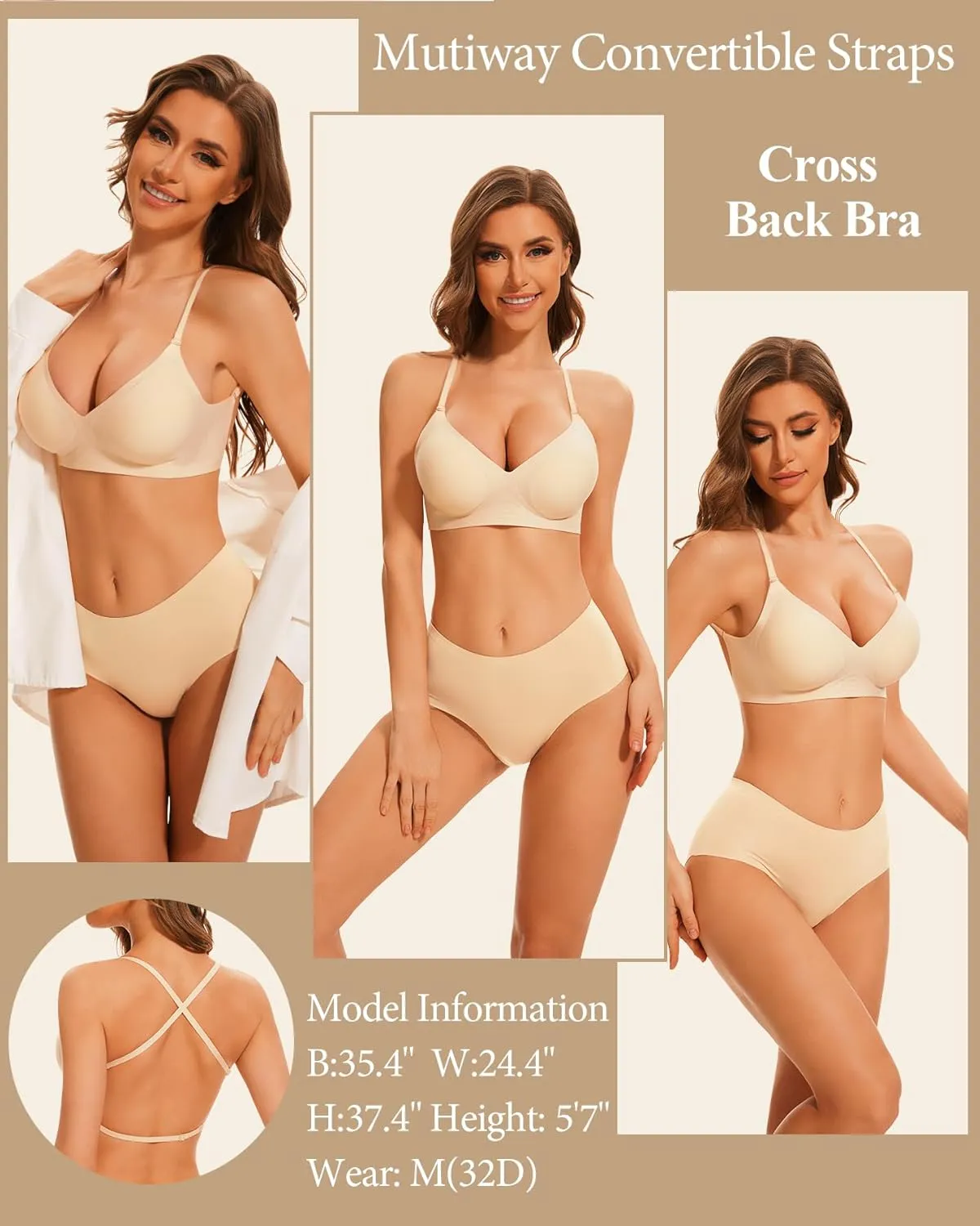Deep V Neck Backless Bras for Women Padded Bralette Push Up Seamless Wire-Free Low Back Bra Convertible Straps
