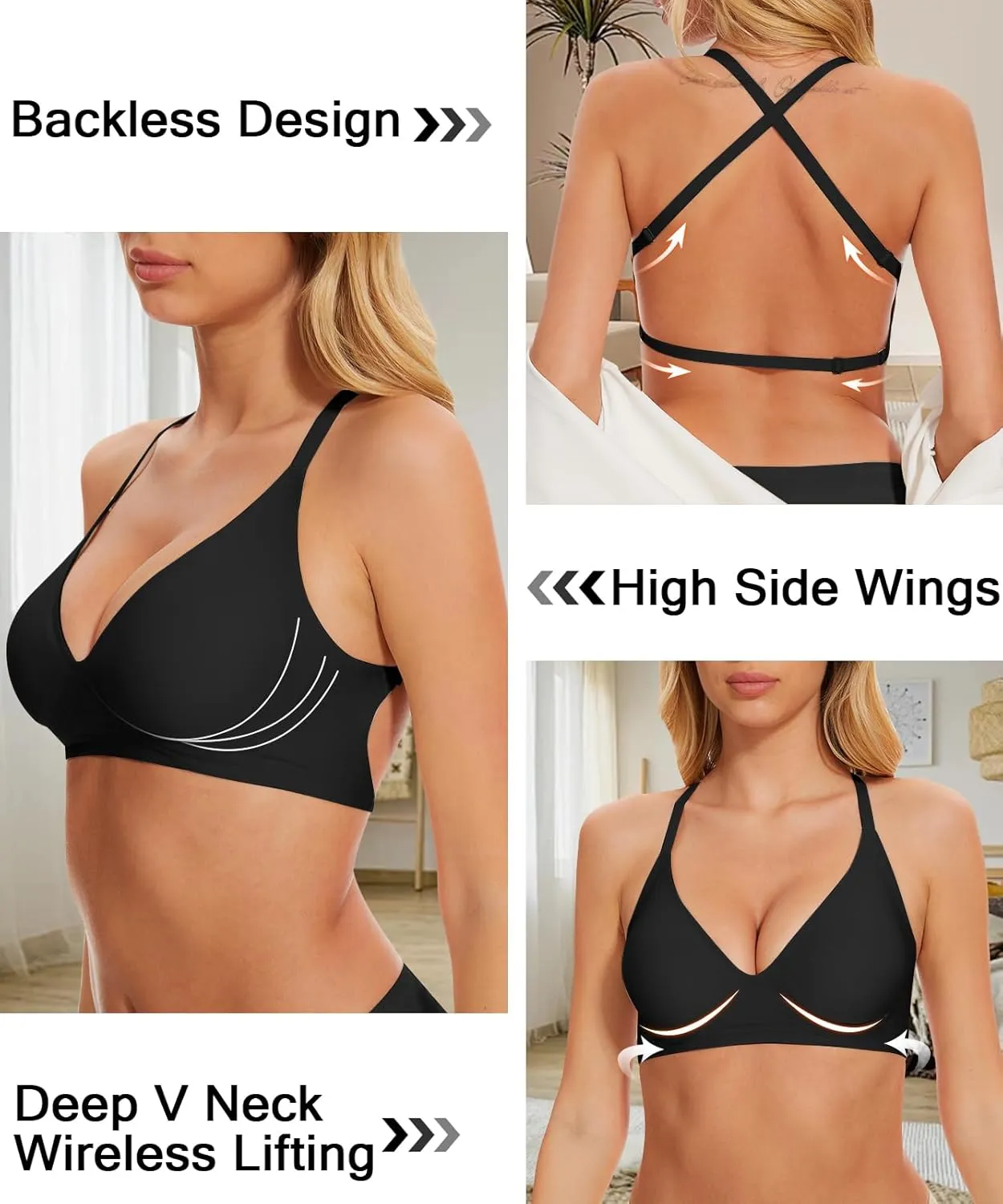 Deep V Neck Backless Bras for Women Padded Bralette Push Up Seamless Wire-Free Low Back Bra Convertible Straps