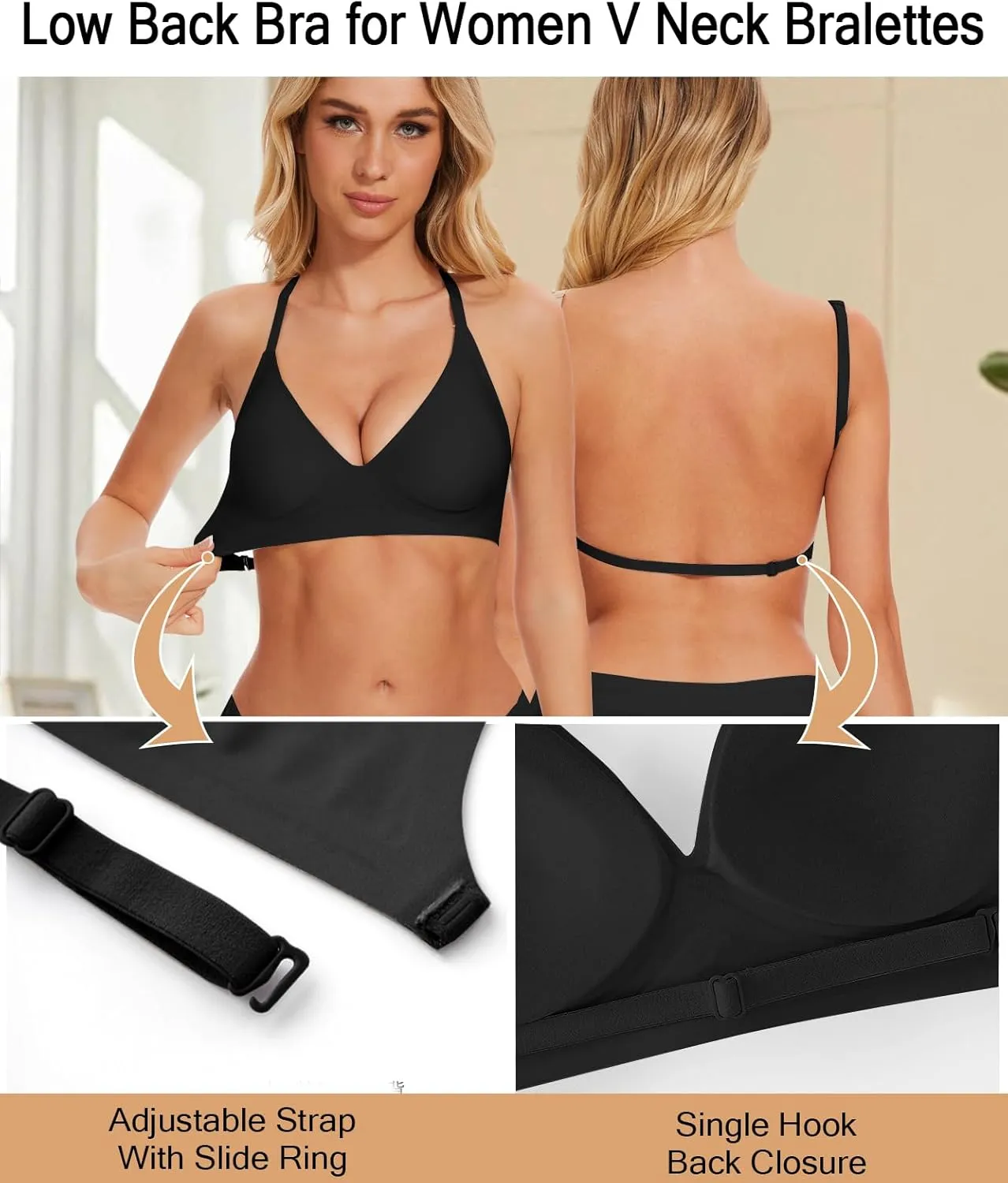 Deep V Neck Backless Bras for Women Padded Bralette Push Up Seamless Wire-Free Low Back Bra Convertible Straps