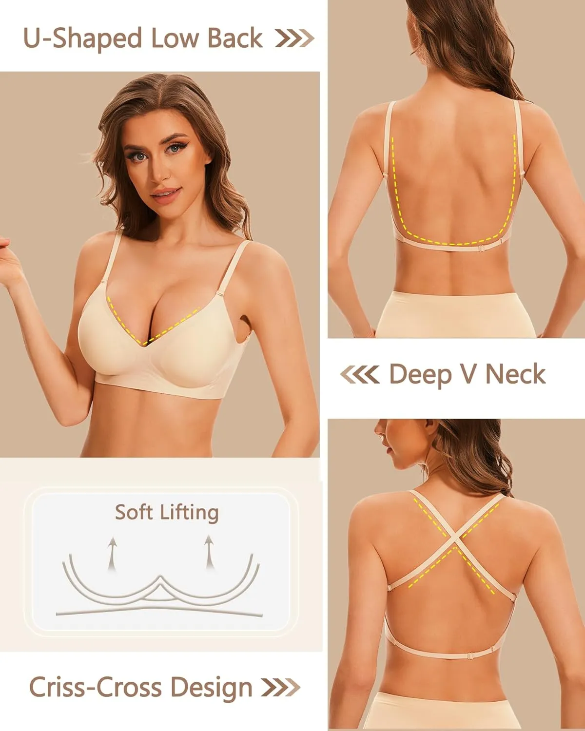Deep V Neck Backless Bras for Women Padded Bralette Push Up Seamless Wire-Free Low Back Bra Convertible Straps