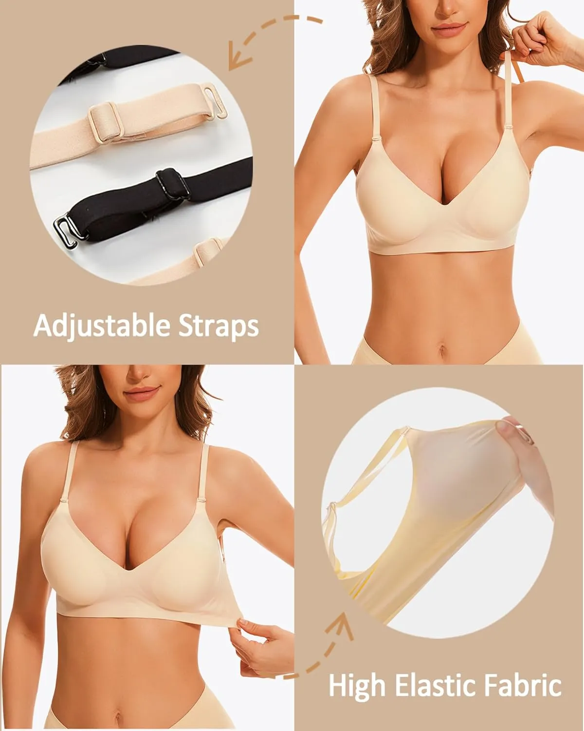 Deep V Neck Backless Bras for Women Padded Bralette Push Up Seamless Wire-Free Low Back Bra Convertible Straps