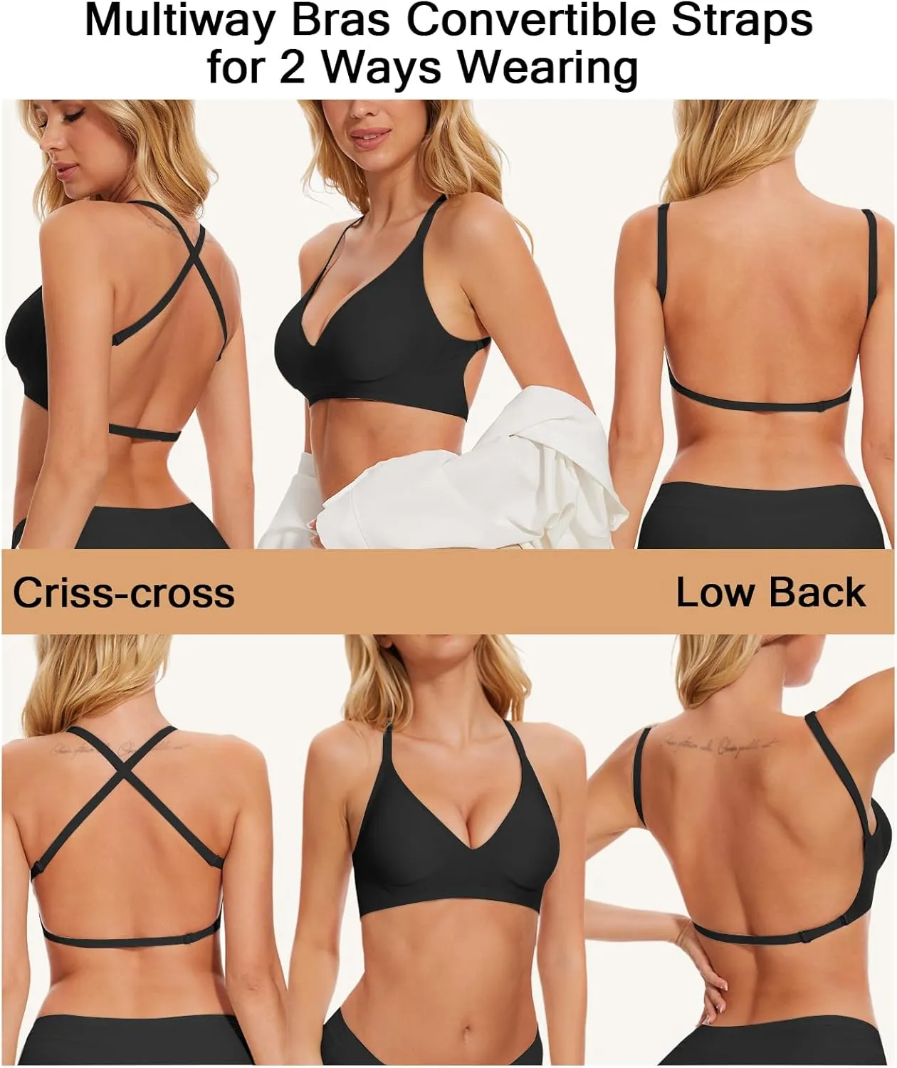 Deep V Neck Backless Bras for Women Padded Bralette Push Up Seamless Wire-Free Low Back Bra Convertible Straps