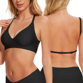Deep V Neck Backless Bras for Women Padded Bralette Push Up Seamless Wire-Free Low Back Bra Convertible Straps