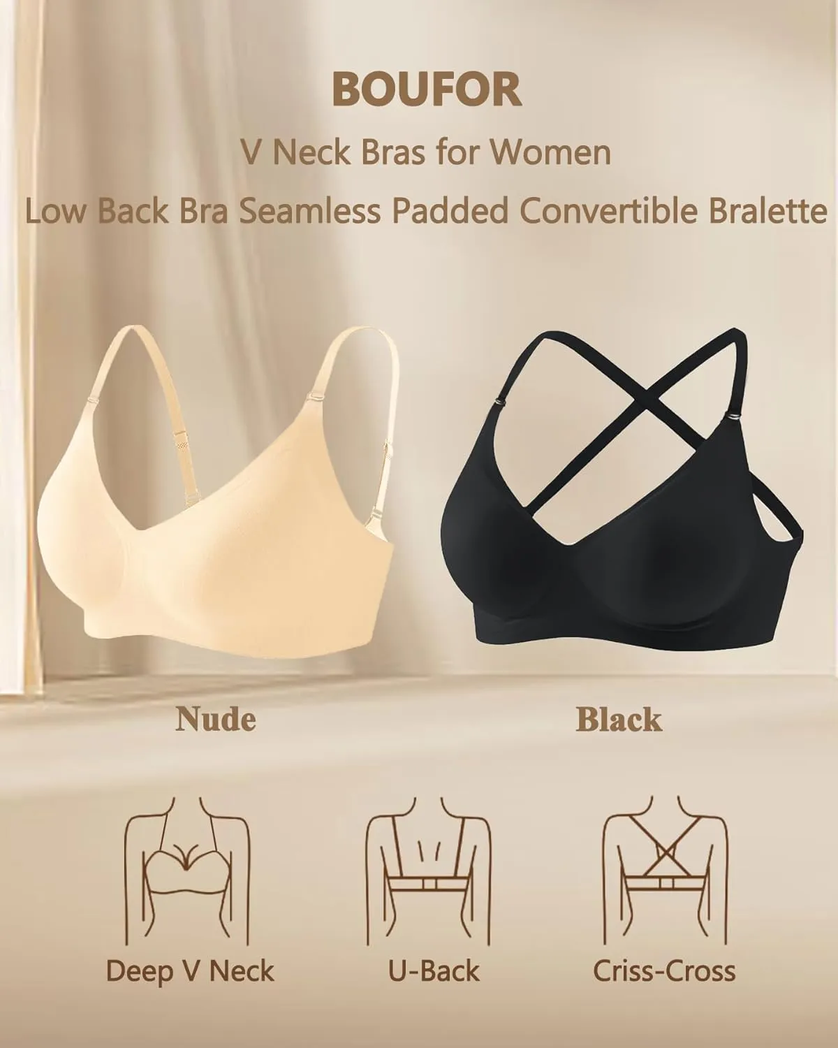 Deep V Neck Backless Bras for Women Padded Bralette Push Up Seamless Wire-Free Low Back Bra Convertible Straps
