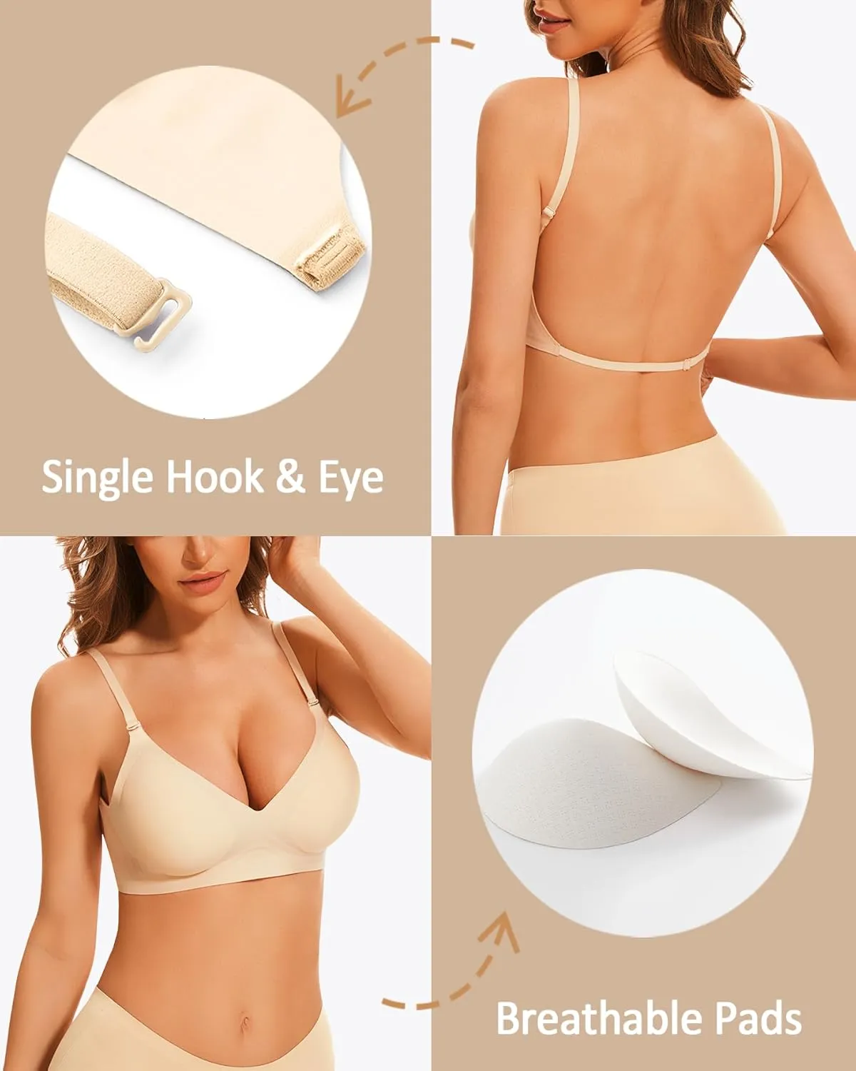 Deep V Neck Backless Bras for Women Padded Bralette Push Up Seamless Wire-Free Low Back Bra Convertible Straps