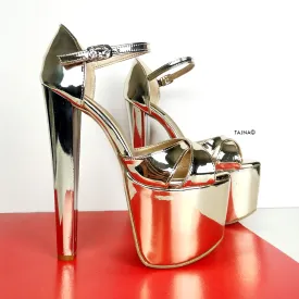 Gold Mirror Cross Strap High Heels