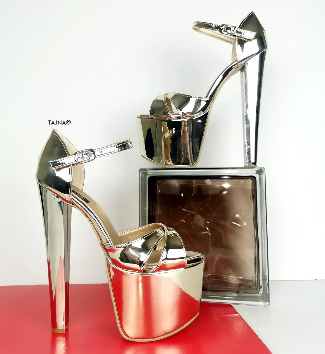 Gold Mirror Cross Strap High Heels