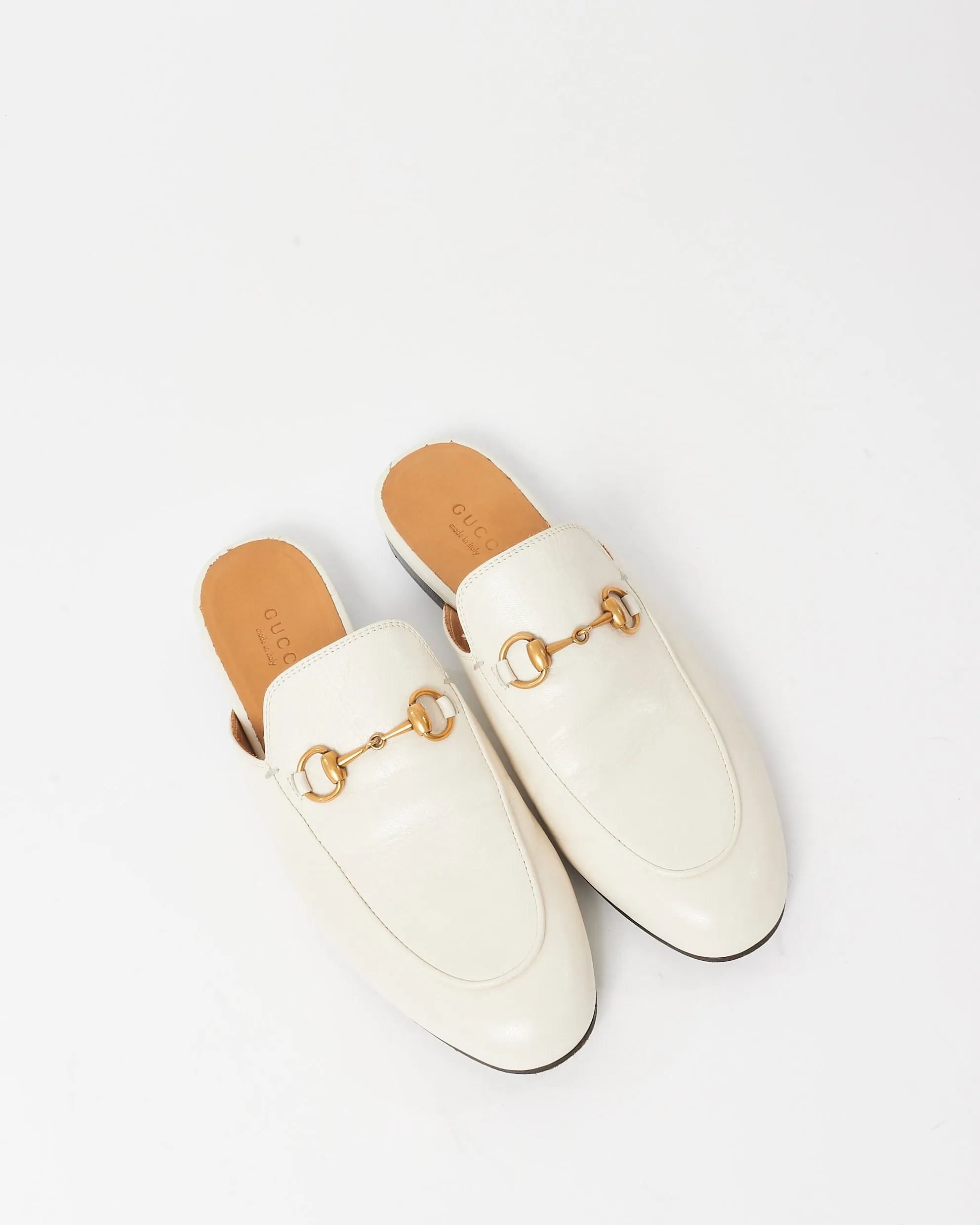 Gucci White Leather Princetown Horsebit Slipper Mules - 36.5