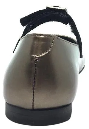 Luccini Girl's Gold Smooth Leather Mary Jane Flats with Suede Buckle Hook and Loop Strap