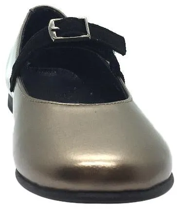 Luccini Girl's Gold Smooth Leather Mary Jane Flats with Suede Buckle Hook and Loop Strap