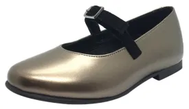 Luccini Girl's Gold Smooth Leather Mary Jane Flats with Suede Buckle Hook and Loop Strap