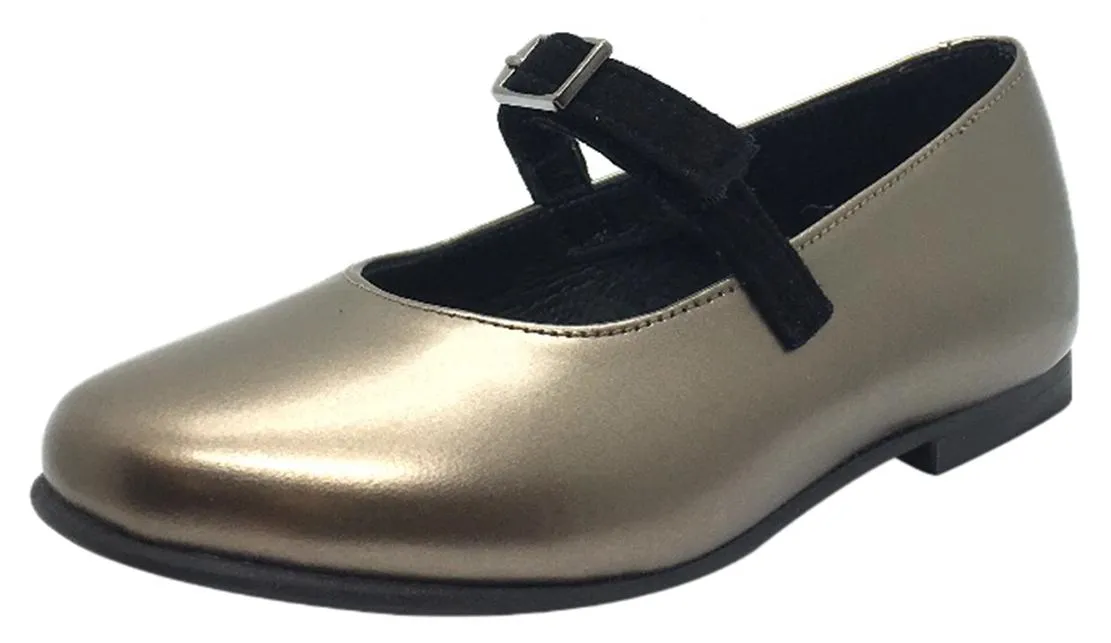 Luccini Girl's Gold Smooth Leather Mary Jane Flats with Suede Buckle Hook and Loop Strap