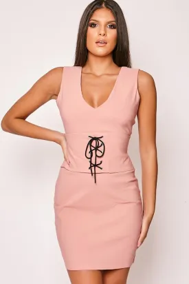 Mandie - Pink Lace Tie Up Front Bodycon Dress