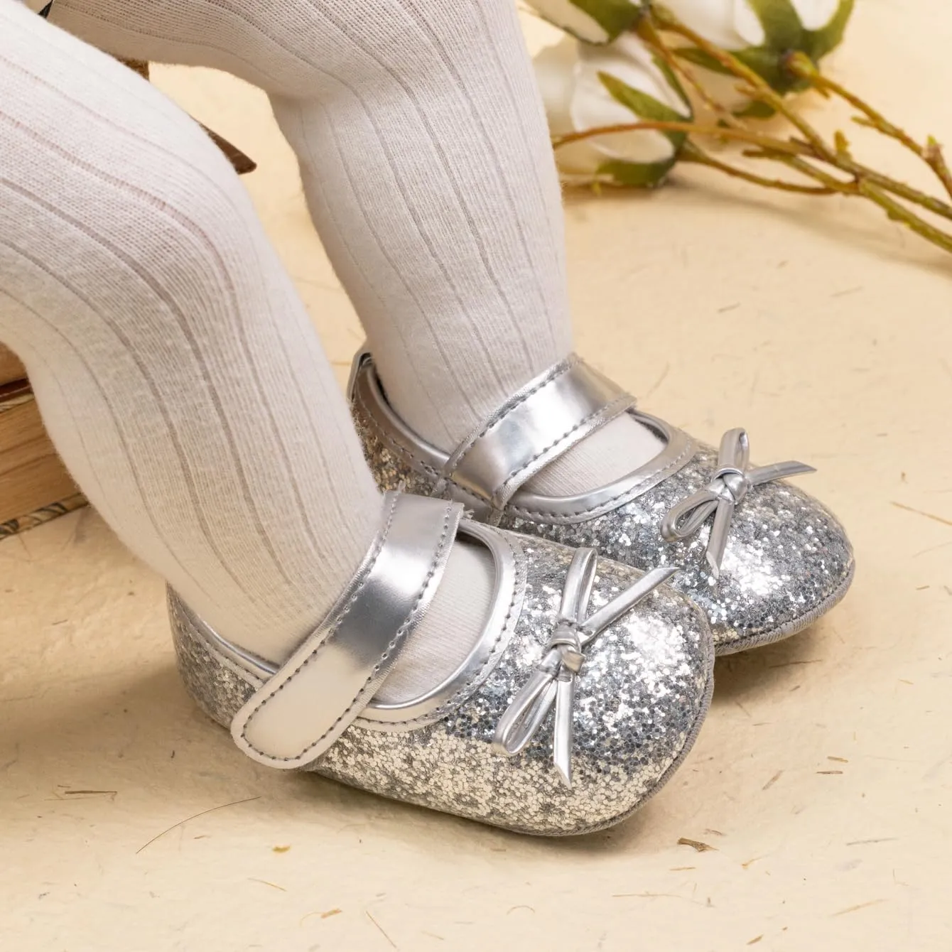 Meckior Infant Baby Girls Soft Sole Bowknot Princess Wedding Dress Mary Jane Flats Prewalker Newborn Light Baby Sneaker Shoes