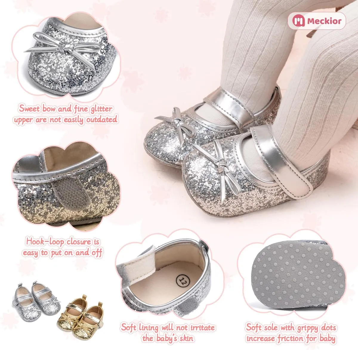 Meckior Infant Baby Girls Soft Sole Bowknot Princess Wedding Dress Mary Jane Flats Prewalker Newborn Light Baby Sneaker Shoes