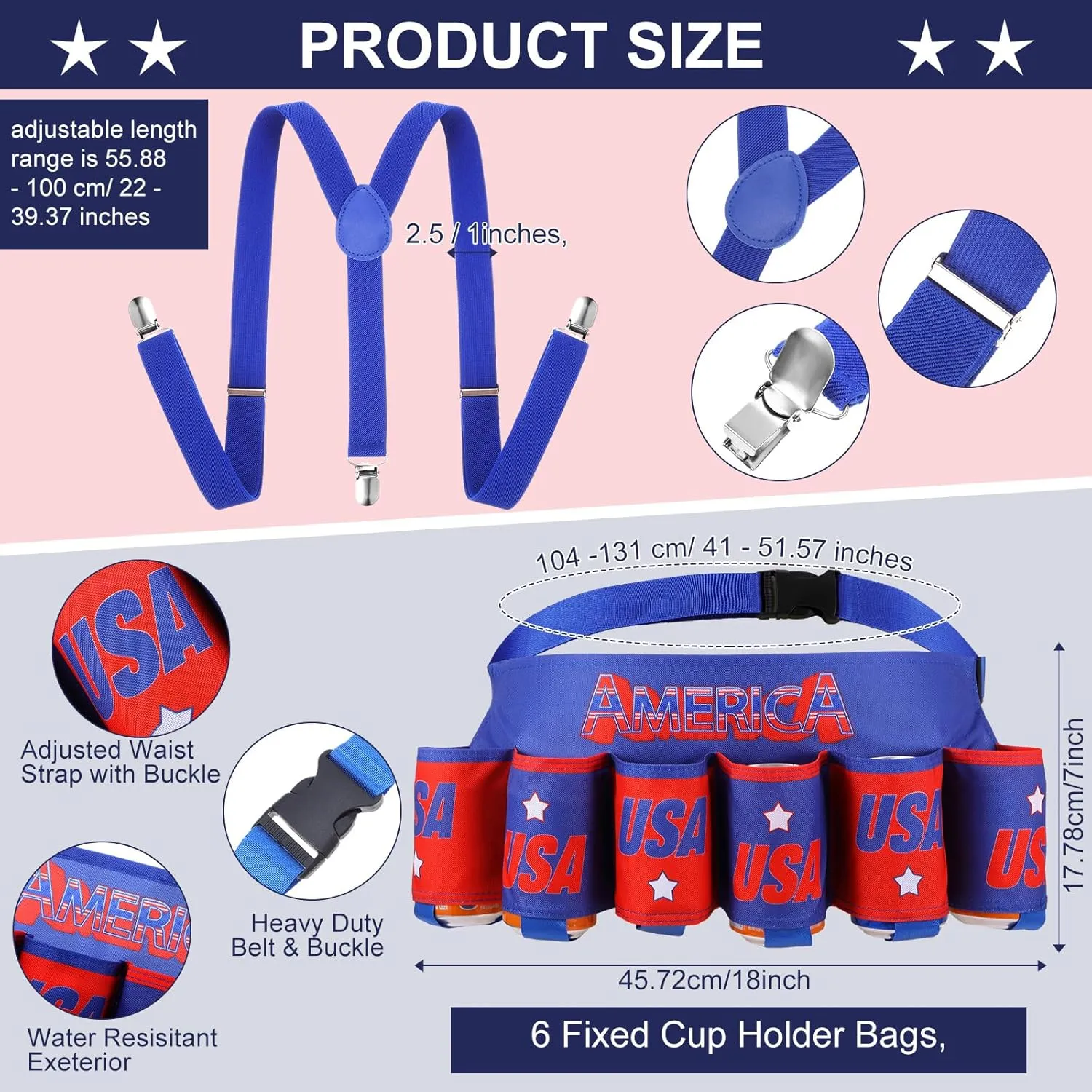 Mepase 6 Pcs Beverage Beer Belt Costume Fanny Pack Outfit Beer Belt for Man (Red Blue White,Classic Style)