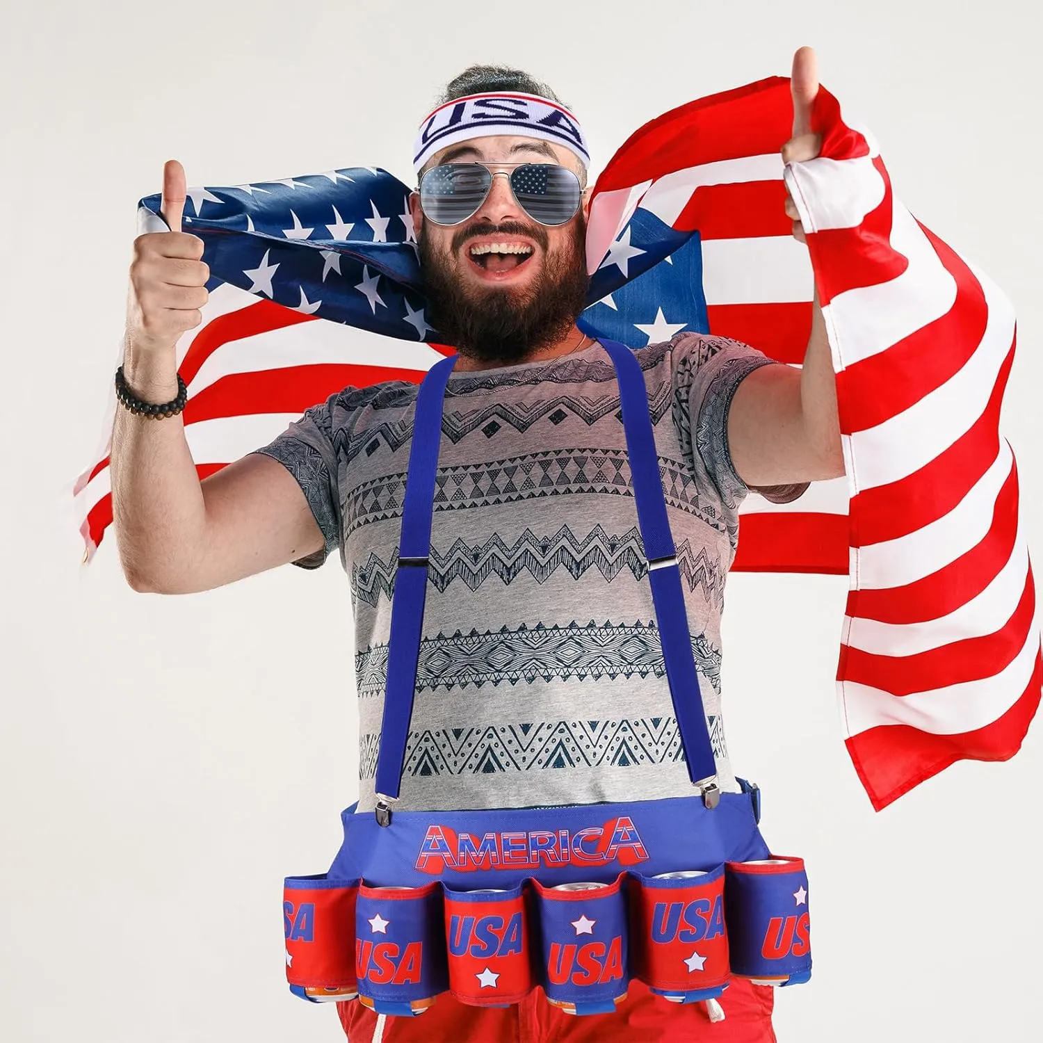 Mepase 6 Pcs Beverage Beer Belt Costume Fanny Pack Outfit Beer Belt for Man (Red Blue White,Classic Style)