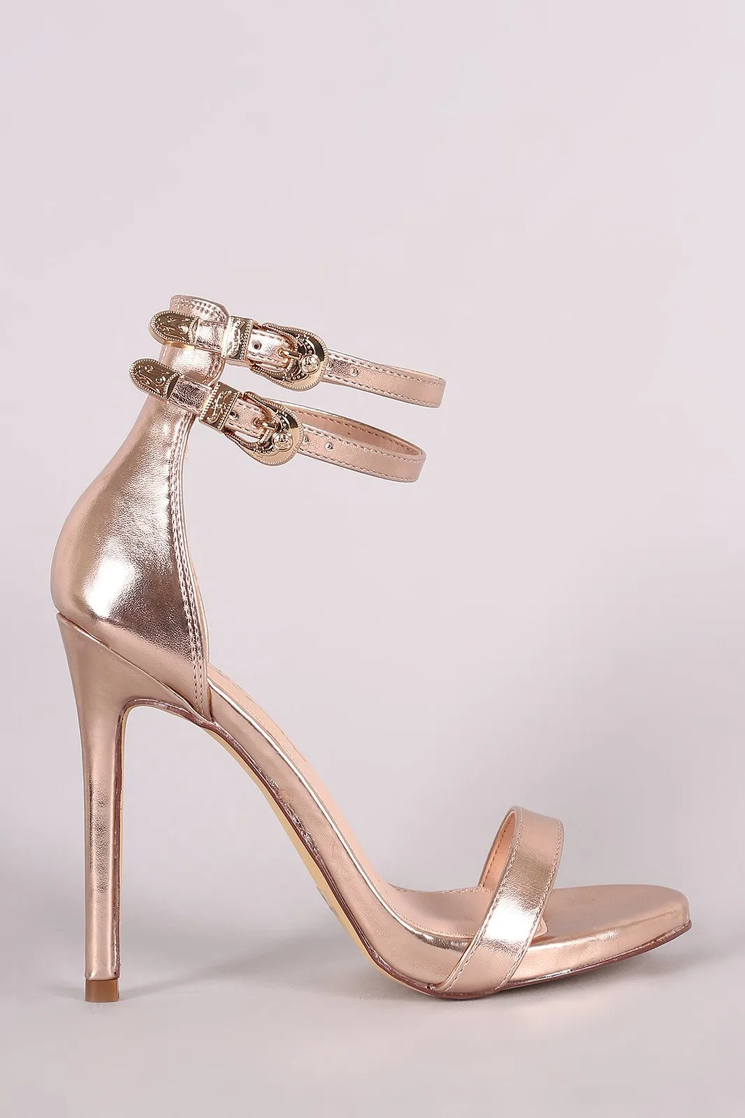 Metallic Double Ankle Strap Single Sole Stieltto Heel