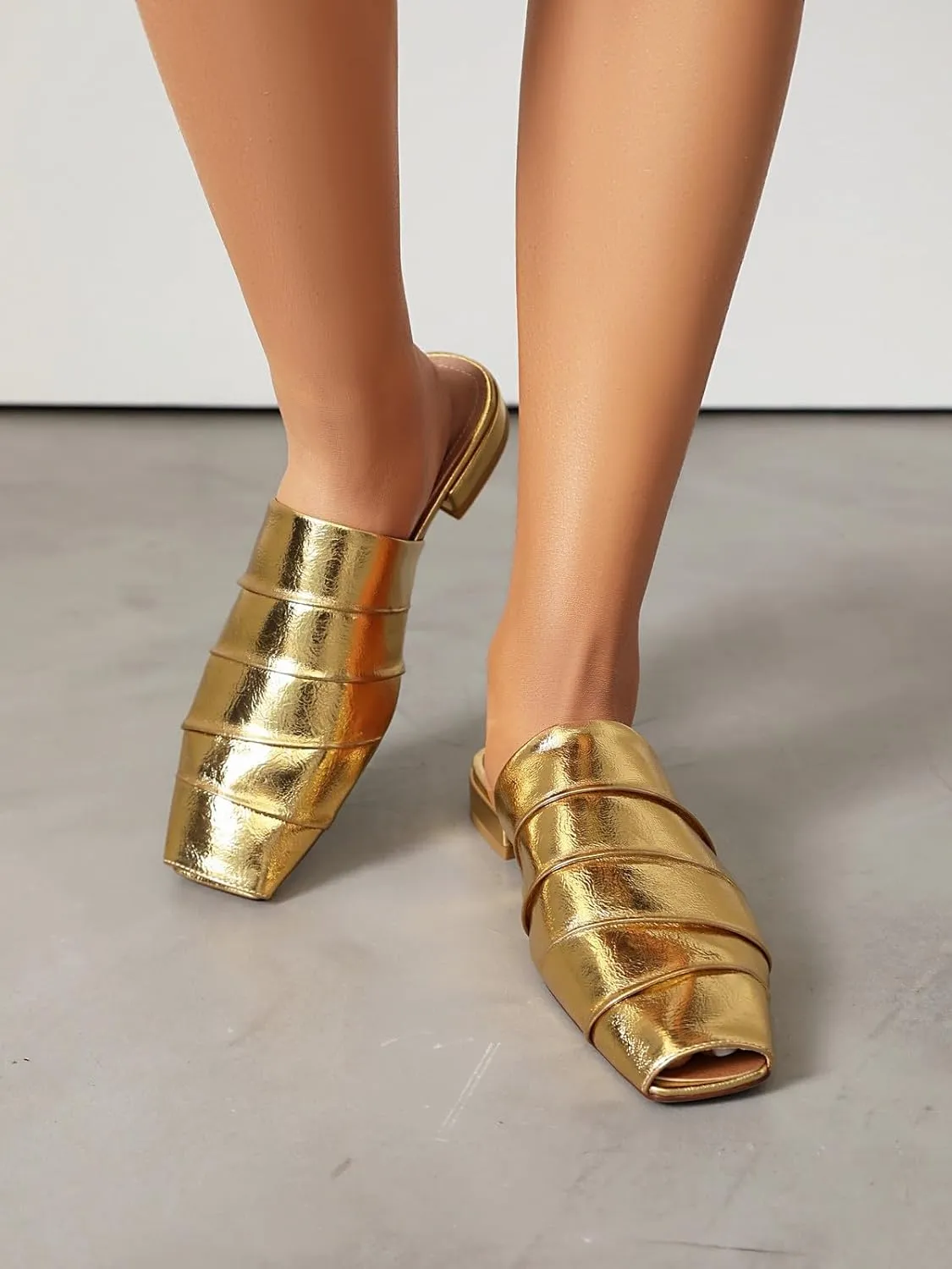 Mules for Women Square Peep Toe Comfortable Casual Backless Slip On Flat Dress Shoes