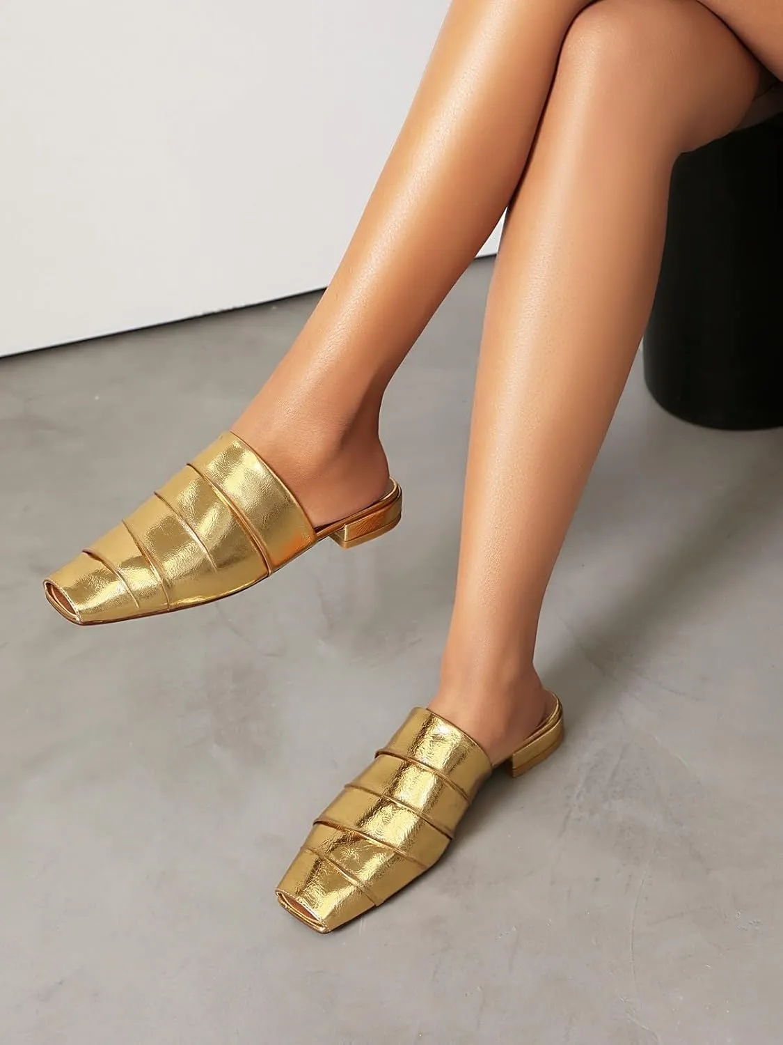 Mules for Women Square Peep Toe Comfortable Casual Backless Slip On Flat Dress Shoes