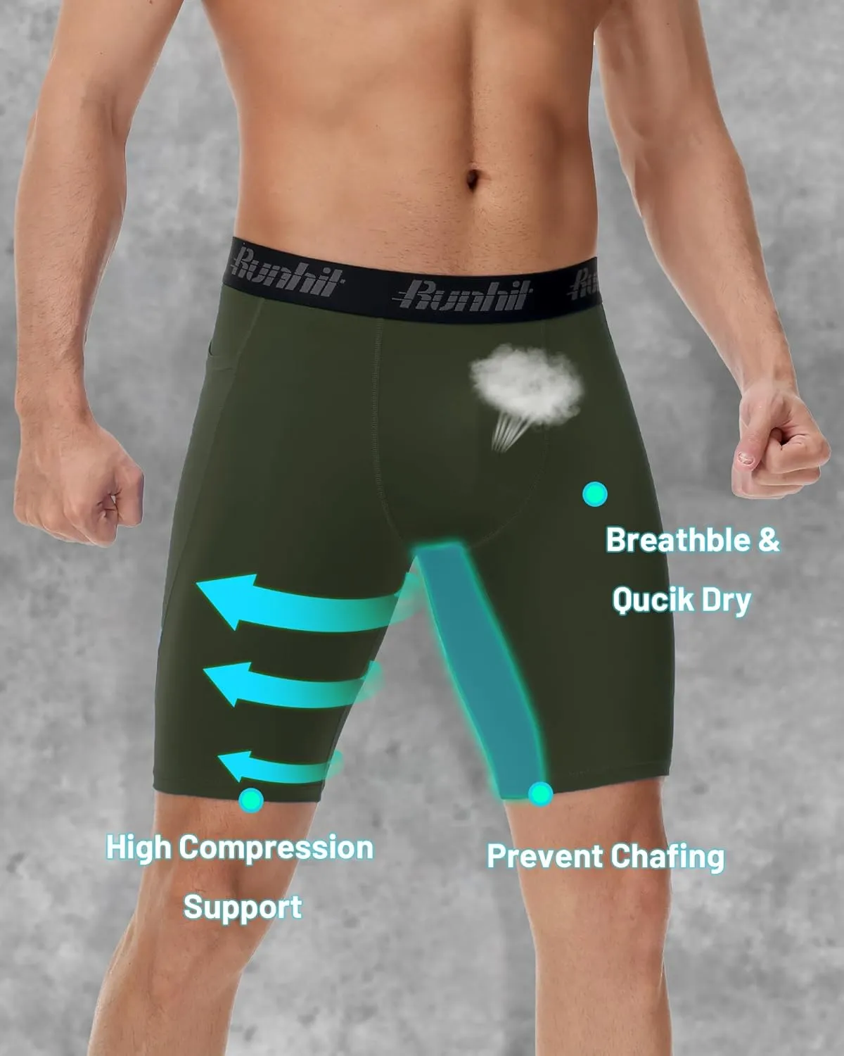 Runhit Men's Compression Shorts with Pockets ?C 9" Performance Athletic Shorts for Workouts Sports Running Spandex Underwear