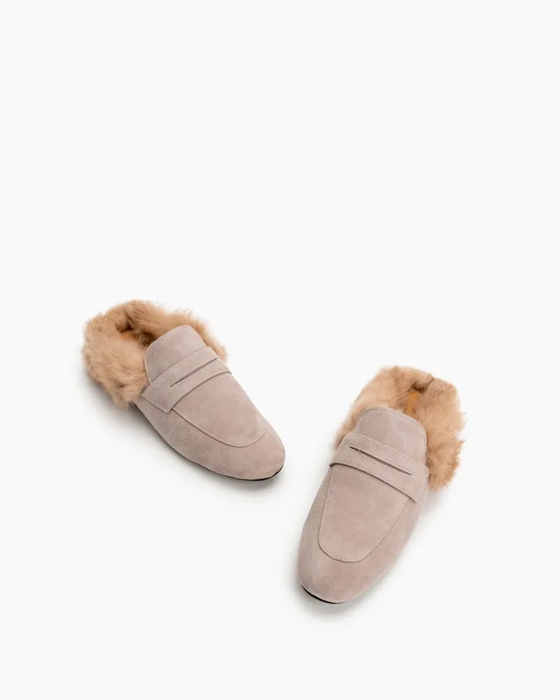 Velvet Round Toe Backless Slip-on Flat Mules