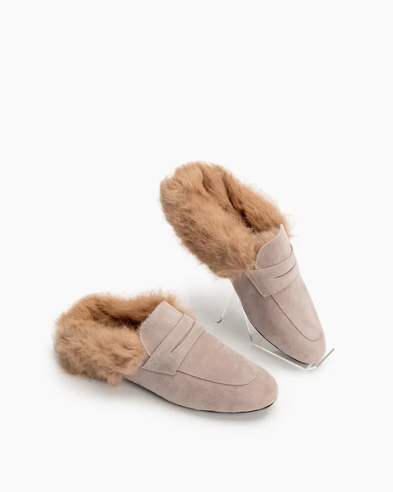 Velvet Round Toe Backless Slip-on Flat Mules