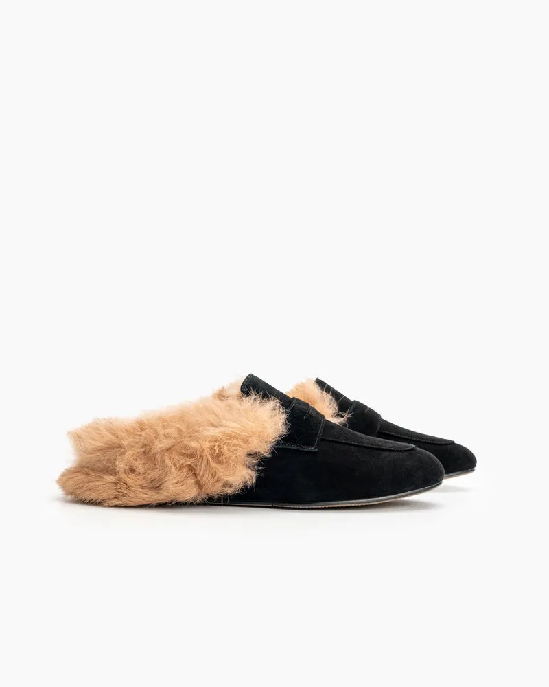 Velvet Round Toe Backless Slip-on Flat Mules