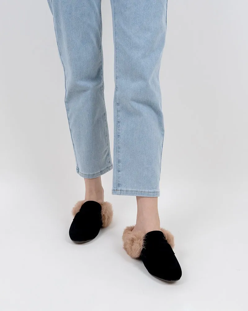 Velvet Round Toe Backless Slip-on Flat Mules