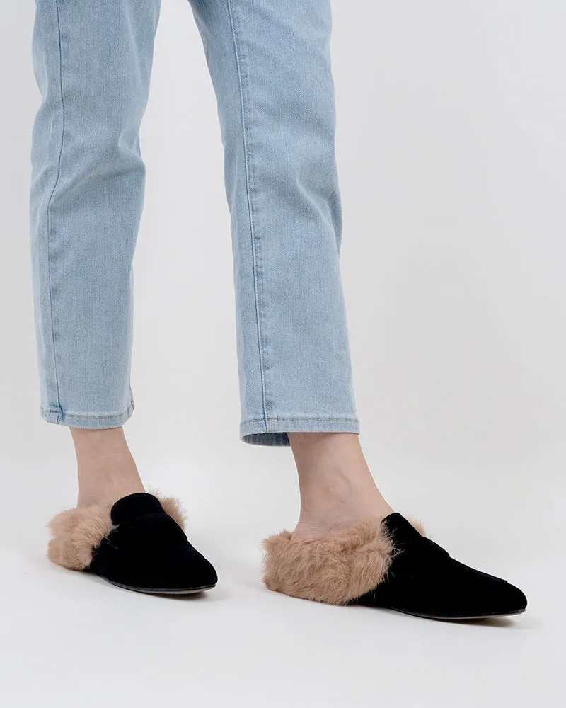 Velvet Round Toe Backless Slip-on Flat Mules