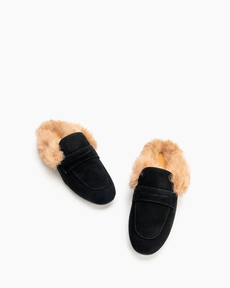 Velvet Round Toe Backless Slip-on Flat Mules