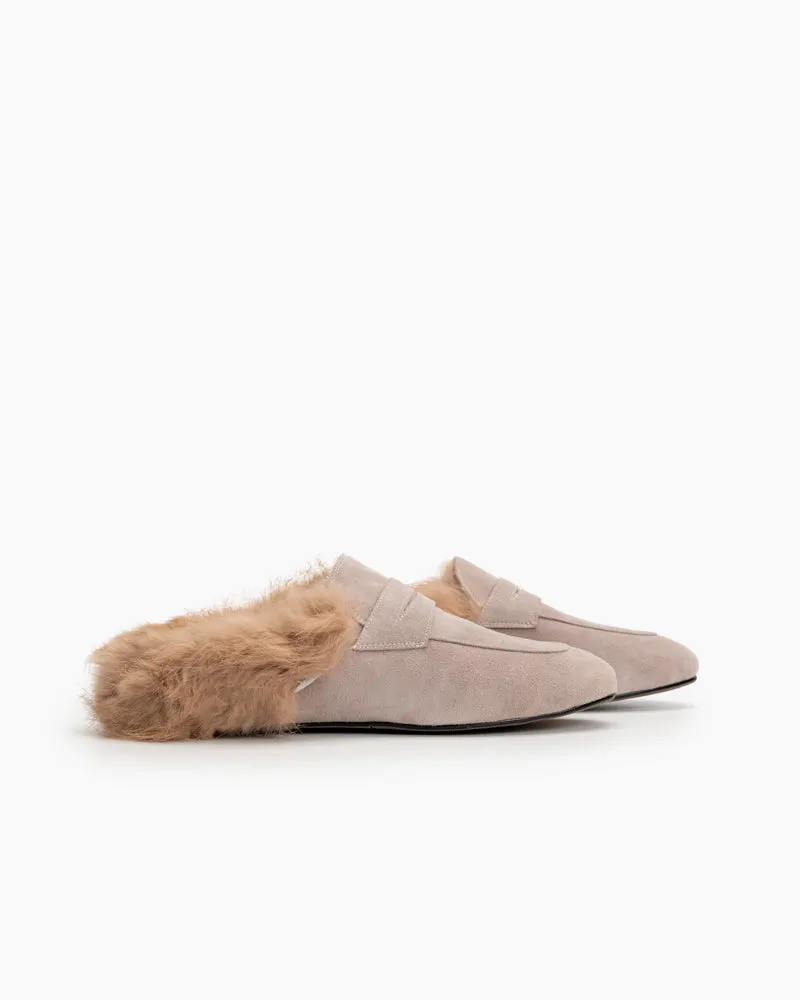 Velvet Round Toe Backless Slip-on Flat Mules