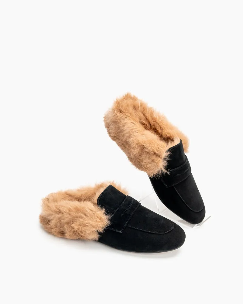 Velvet Round Toe Backless Slip-on Flat Mules
