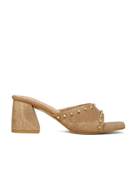 Women's Beige Block Heel Mules Beads Lightweight Sandals